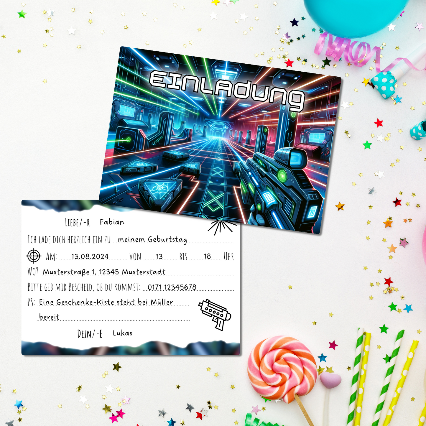 12x Kindergeburtstag Einladungskarten mit Lasertag Motiv (+ Briefumschläge)