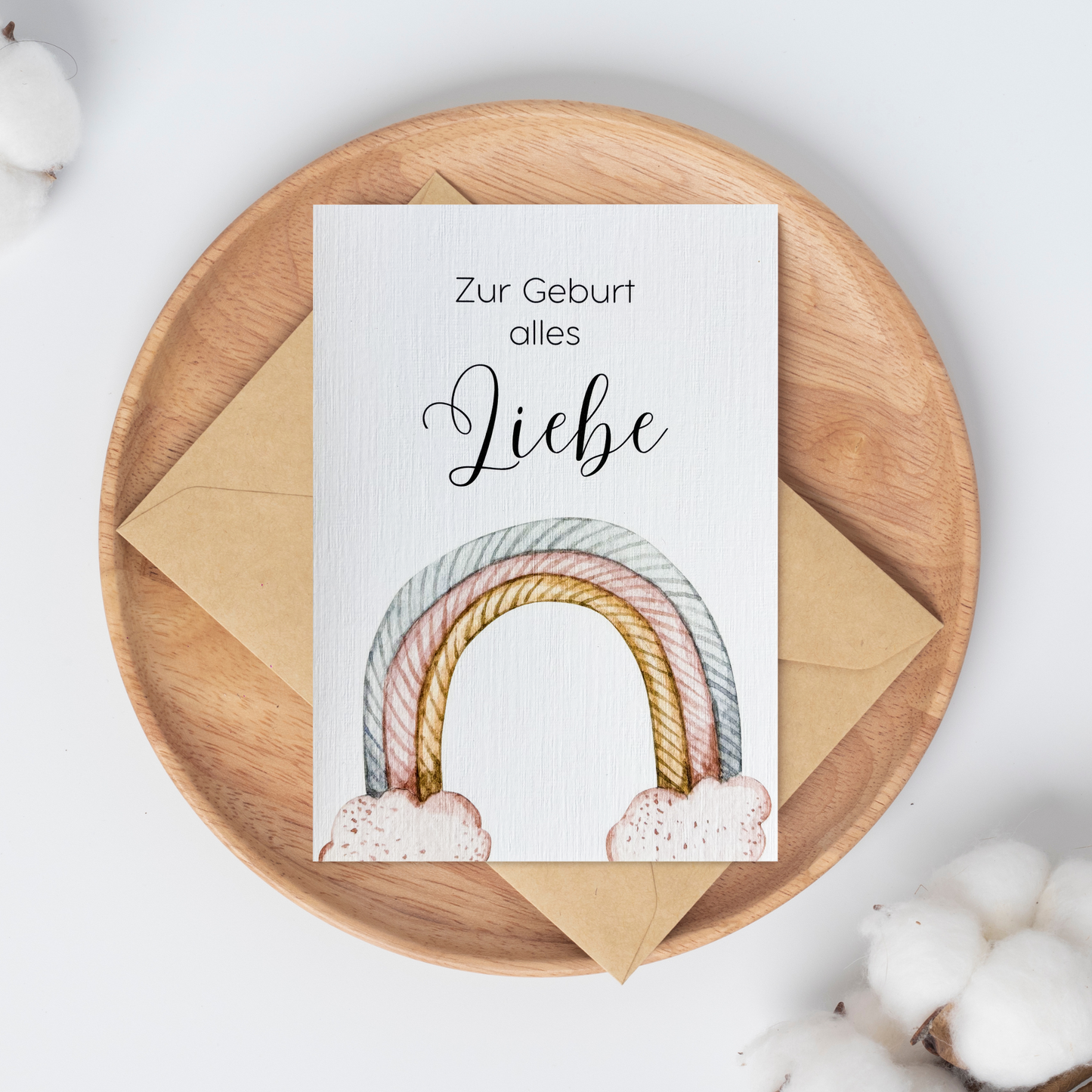 Karte zur Geburt aus Leinenkarton - Regenbogen - inklusive Briefumschlag aus Kraftpapier