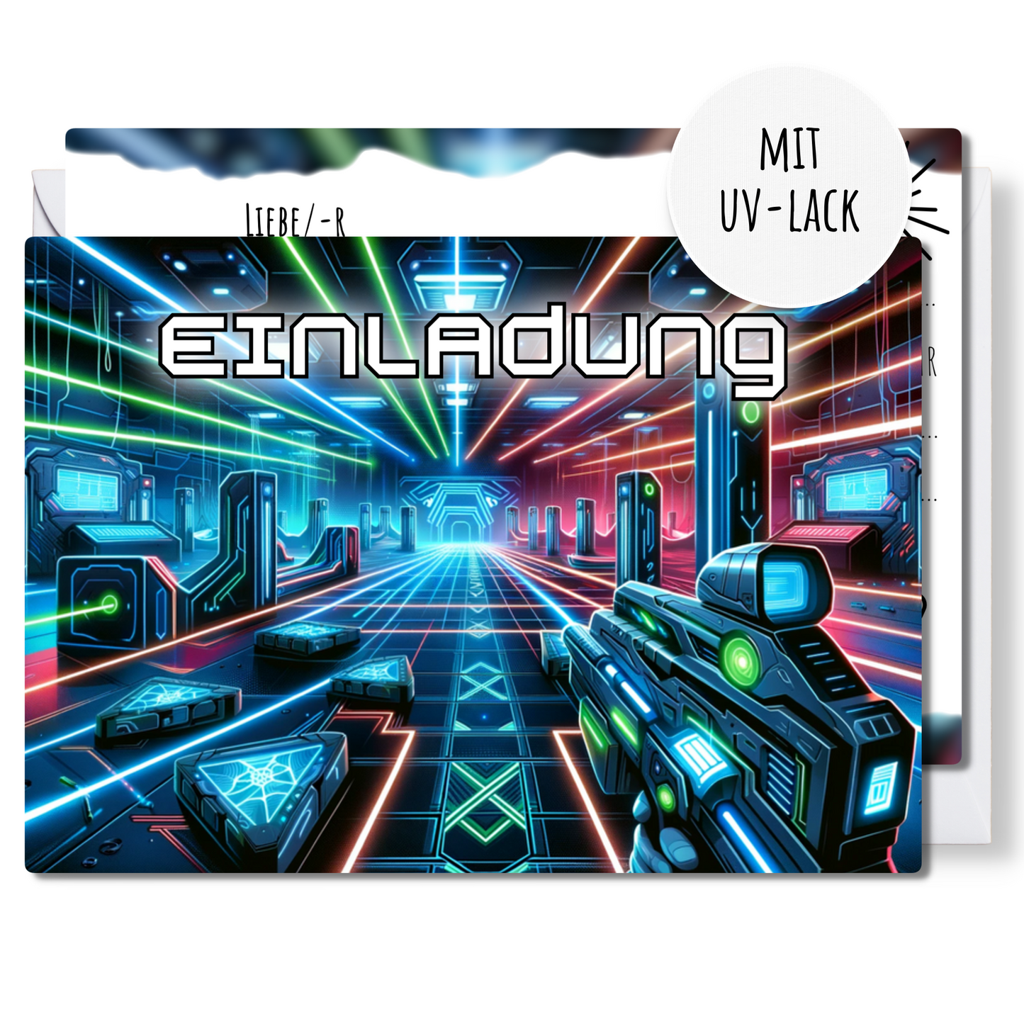12x Kindergeburtstag Einladungskarten mit Lasertag Motiv (+ Briefumschläge)