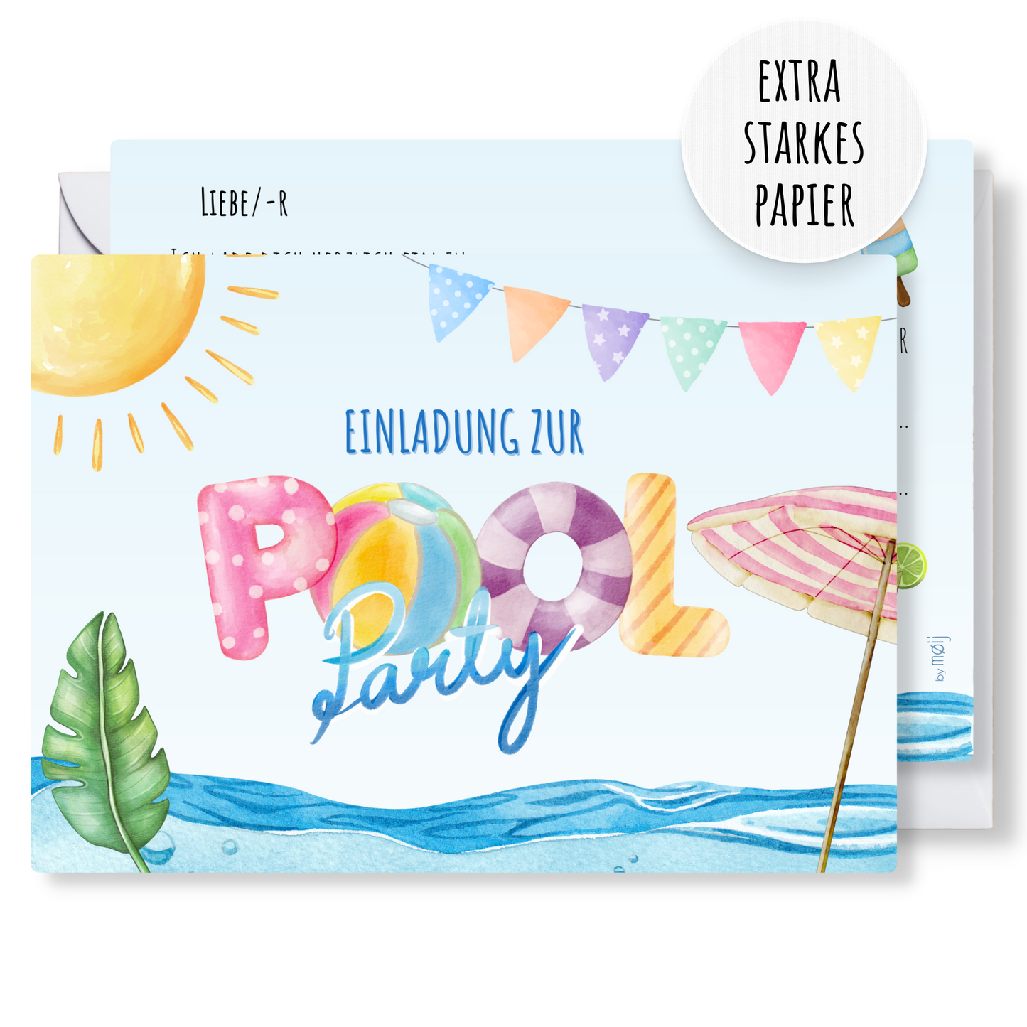 12x Kindergeburtstag Einladungskarten mit Pool Party Motiv (+ Briefumschläge)