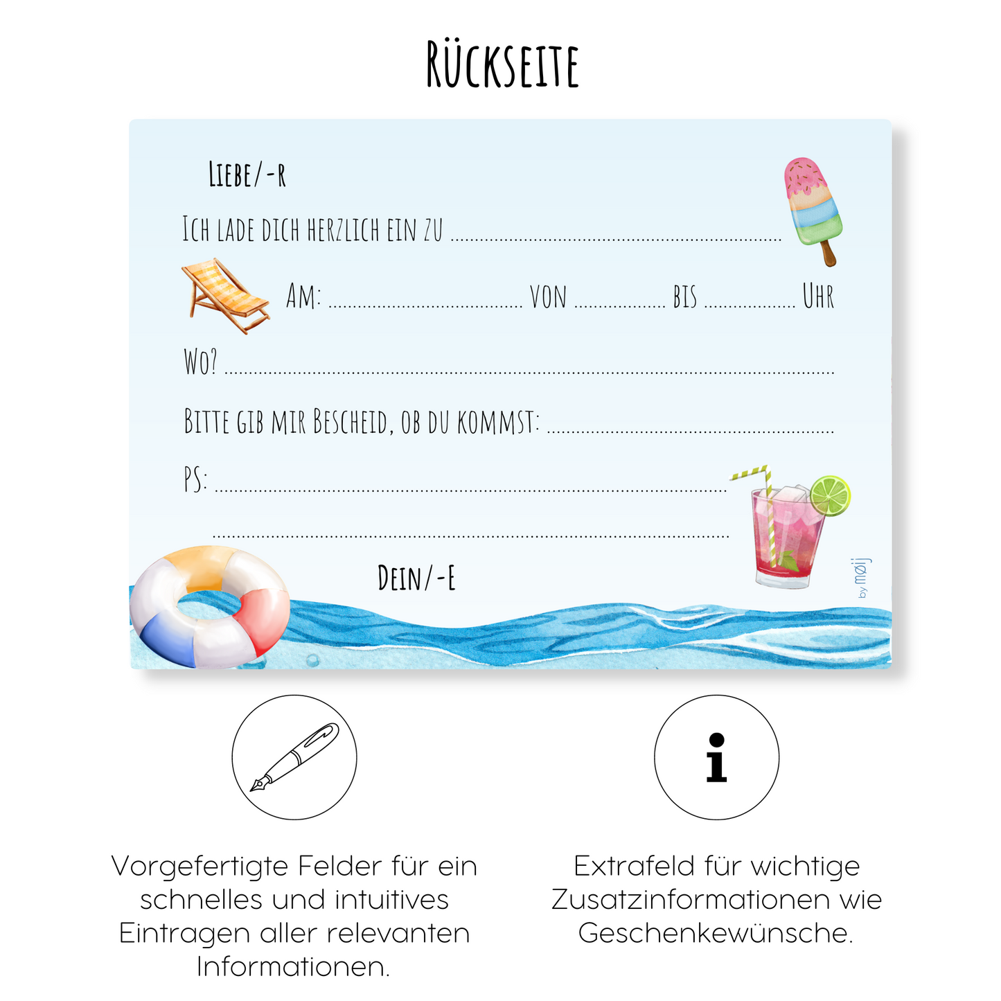 12x Kindergeburtstag Einladungskarten mit Pool Party Motiv (+ Briefumschläge)