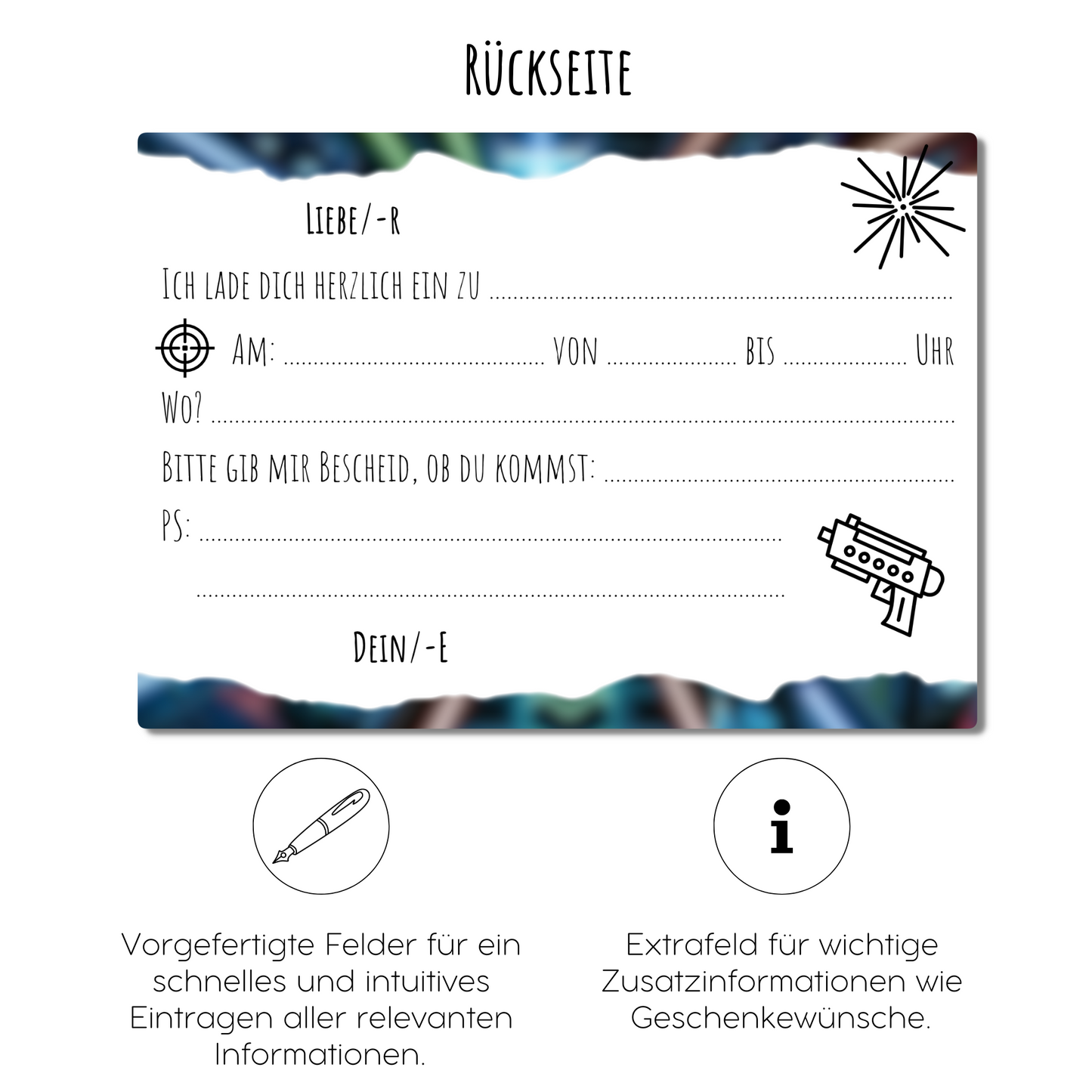 12x Kindergeburtstag Einladungskarten mit Lasertag Motiv (+ Briefumschläge)