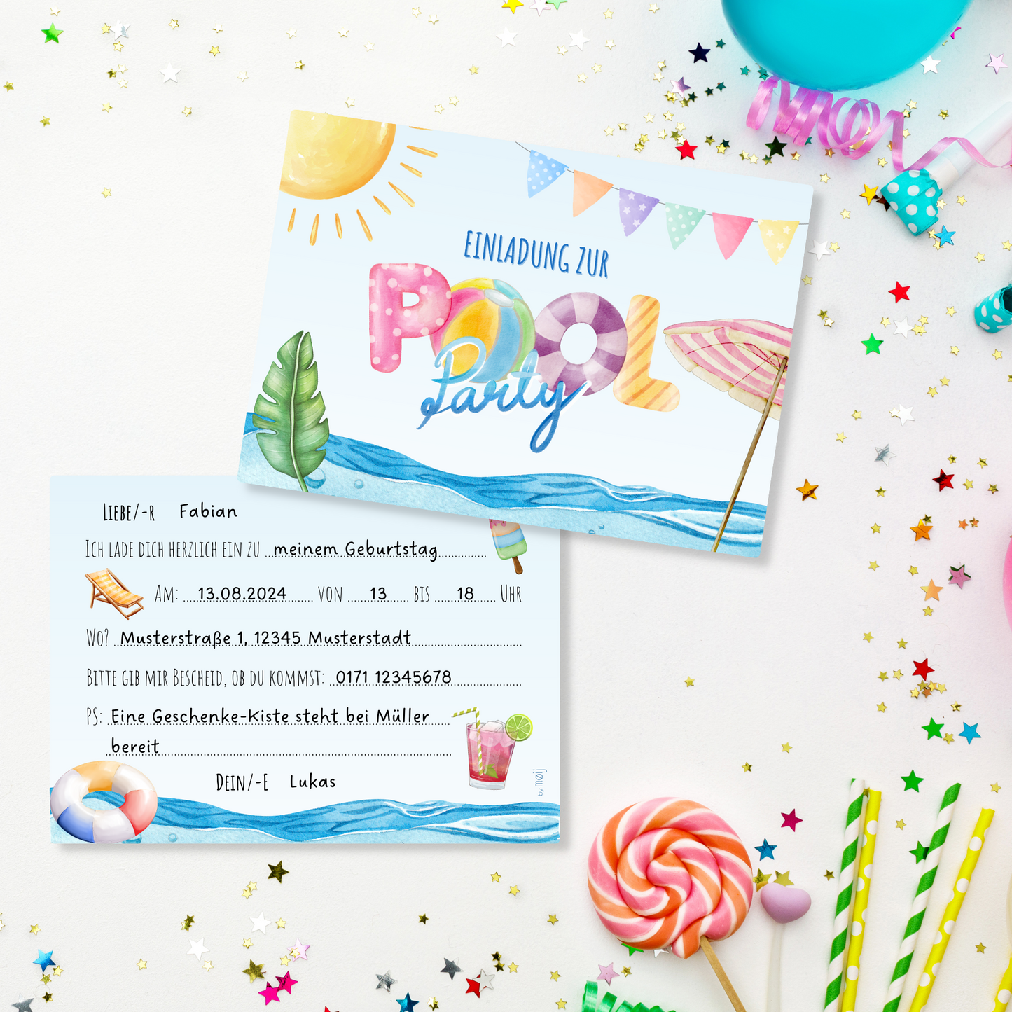 12x Kindergeburtstag Einladungskarten mit Pool Party Motiv (+ Briefumschläge)