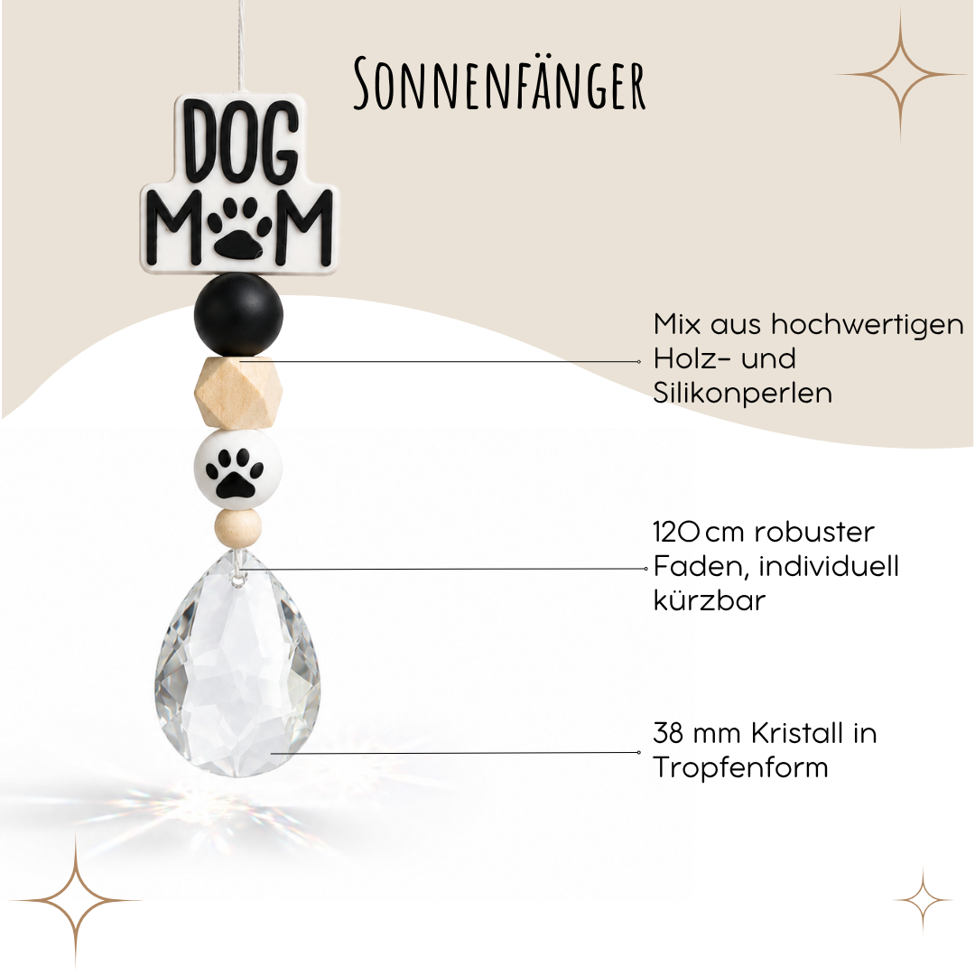 Sonnenfänger mit 38 mm Kristall-Tropfen und Dog Mom Perle als Geschenk für Hundemamas