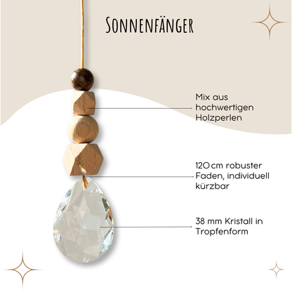 Sonnenfänger mit 38 mm Kristall-Tropfen und verschiedenen Holzperlen