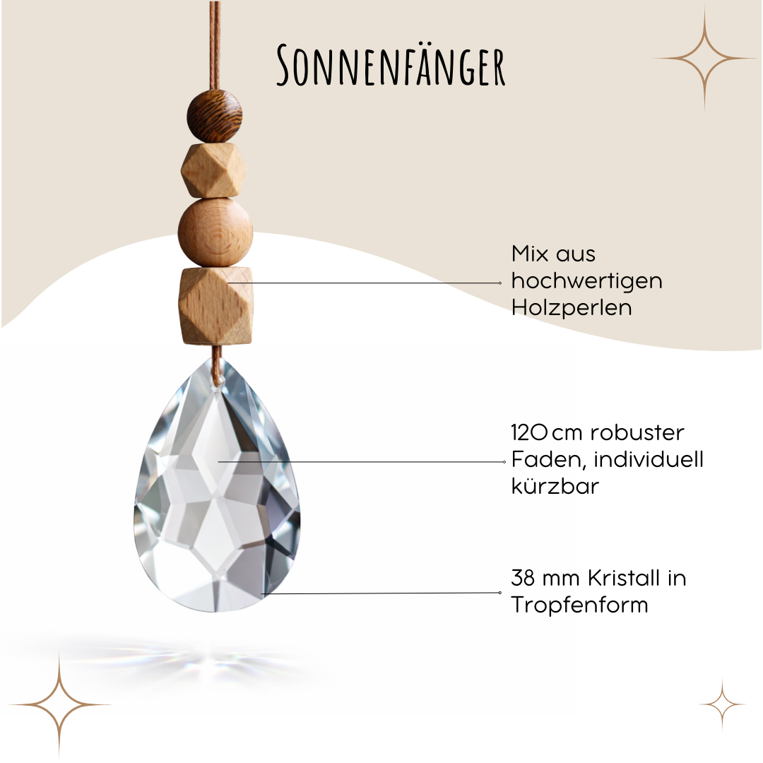 Sonnenfänger mit 38 mm Kristall-Tropfen und verschiedenen Holzperlen