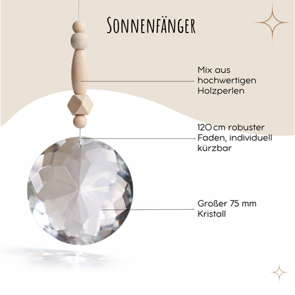 Sonnenfänger mit 75 mm Kristall und verschiedenen Holzperlen