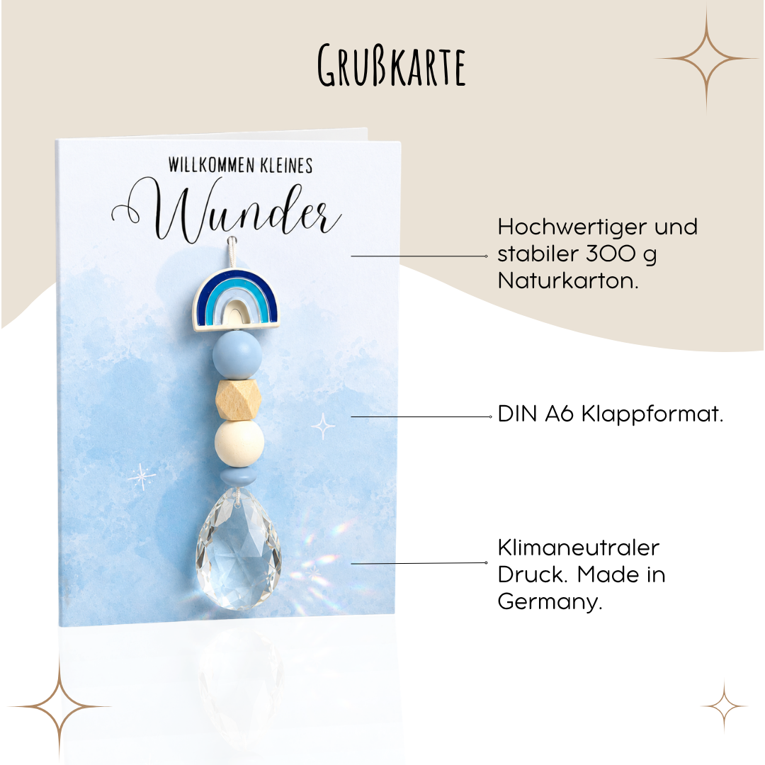 Karte zur Geburt/Taufe mit Sonnenfänger - Baby Blau Regenbogen Geburtsgeschenk Taufgeschenk