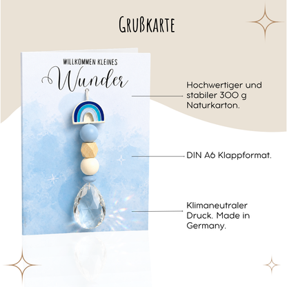 Karte zur Geburt/Taufe mit Sonnenfänger - Baby Blau Regenbogen Geburtsgeschenk Taufgeschenk