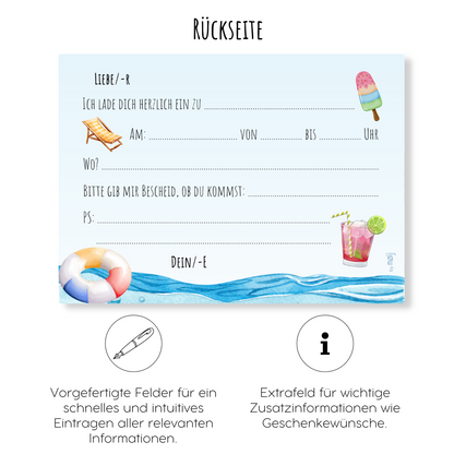 12x Kindergeburtstag Einladungskarten mit Pool Party Motiv (+ Briefumschläge)