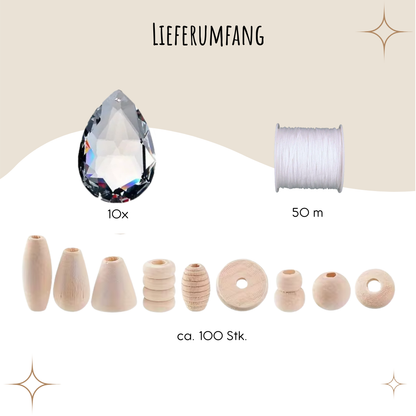 Sonnenfänger DIY Set – 10x Bastelset mit Kristallen, Perlen & Faden - Holzperlen Hell