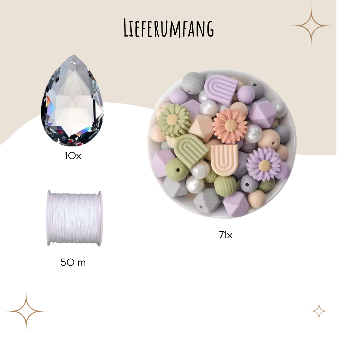 Sonnenfänger DIY Set – 10x Bastelset mit Kristallen, Perlen & Faden - Gänseblümchen Grün Lila