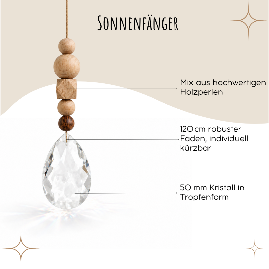 Sonnenfänger mit 50 mm Kristall-Tropfen und verschiedenen Holzperlen
