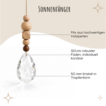 Sonnenfänger mit 50 mm Kristall-Tropfen und verschiedenen Holzperlen