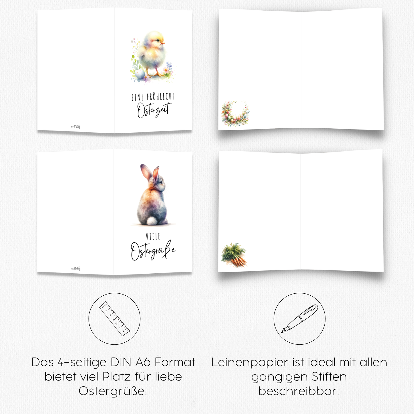 10x Osterkarten aus Leinenkarton - verschiedene Motive - inklusive Briefumschlägen aus Kraftpapier