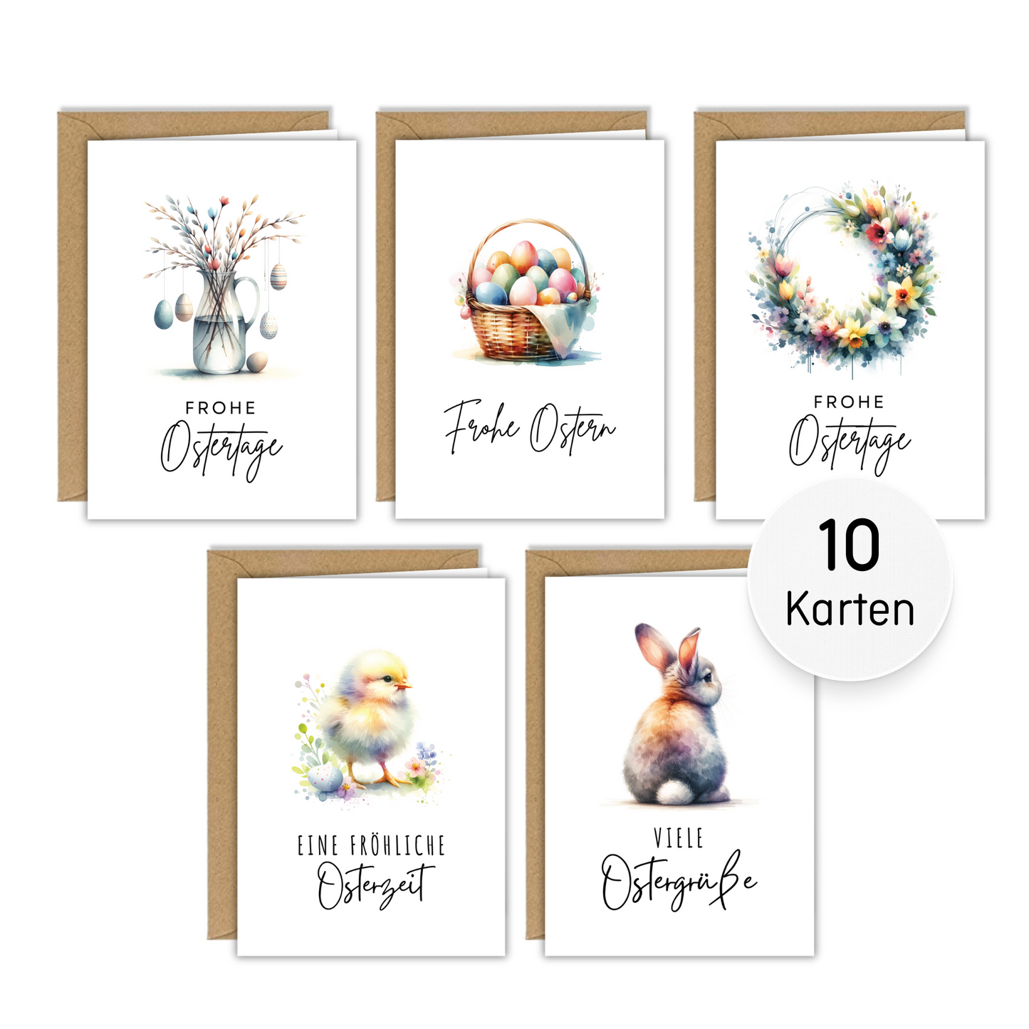 10x Osterkarten aus Leinenkarton - verschiedene Motive - inklusive Briefumschlägen aus Kraftpapier