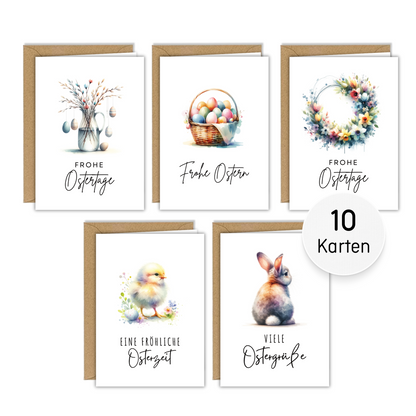10x Osterkarten aus Leinenkarton - verschiedene Motive - inklusive Briefumschlägen aus Kraftpapier
