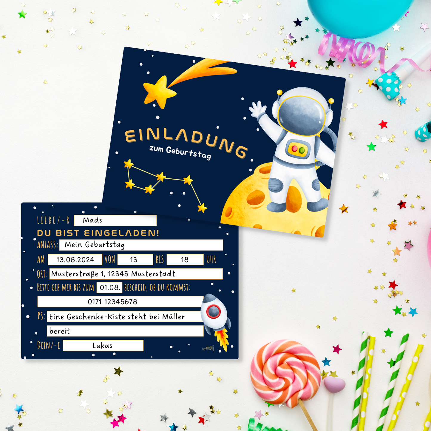 12x Kindergeburtstag Einladungskarten mit Astronaut Motiv (+ Briefumschläge)