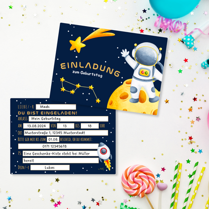 12x Kindergeburtstag Einladungskarten mit Astronaut Motiv (+ Briefumschläge)