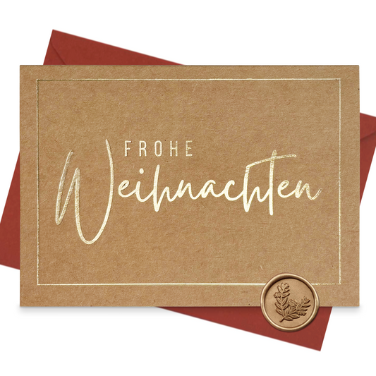 Weihnachtskarte aus Kraftpapier mit Heißfolienprägung gold - Inklusive Briefumschlag und Wachssiegel