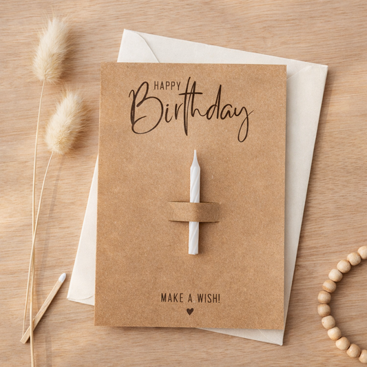 Geburtstagskarte "Happy Birthday - Make a Wish" aus Kraftpapier mit Kerze - inkl. passendem Briefumschlag