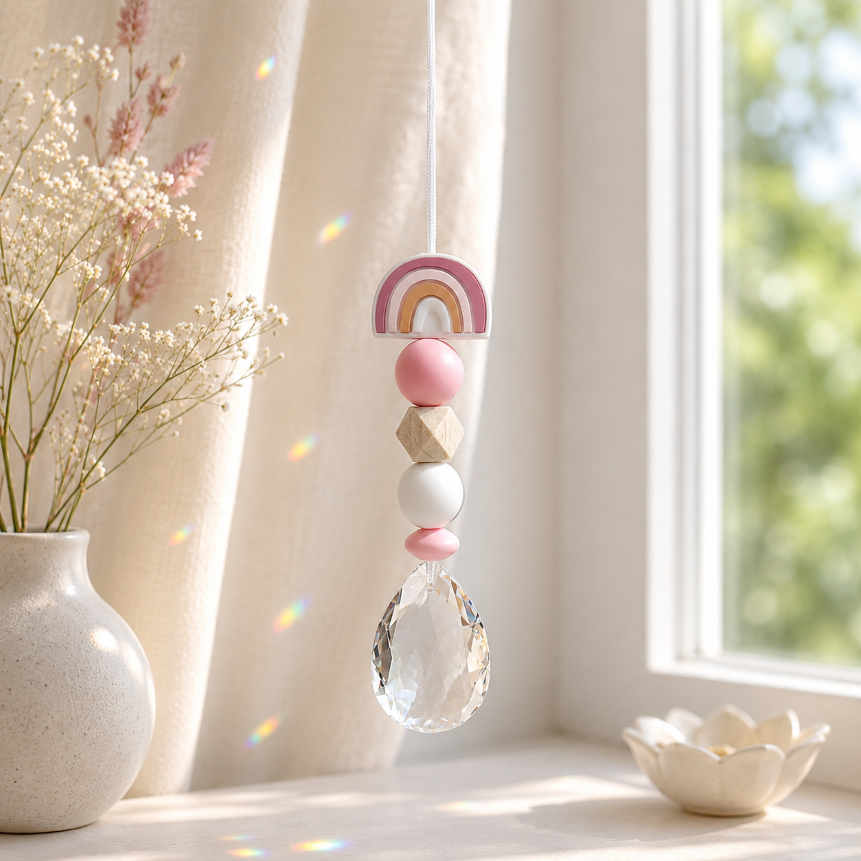 Karte zur Geburt/Taufe mit Sonnenfänger - Baby Rosa Regenbogen Geburtsgeschenk Taufgeschenk