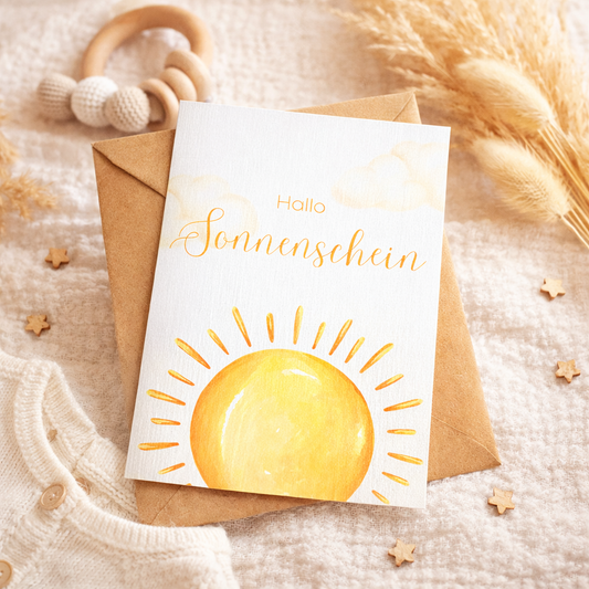 Karte zur Geburt aus Leinenkarton - Sonne - inklusive Briefumschlag aus Kraftpapier
