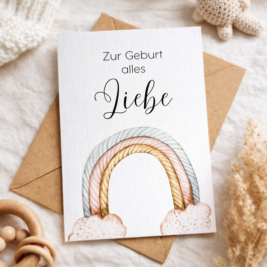 Karte zur Geburt aus Leinenkarton - Regenbogen - inklusive Briefumschlag aus Kraftpapier