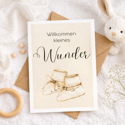 Karte zur Geburt aus Leinenkarton - Schuhe - inklusive Briefumschlag aus Kraftpapier
