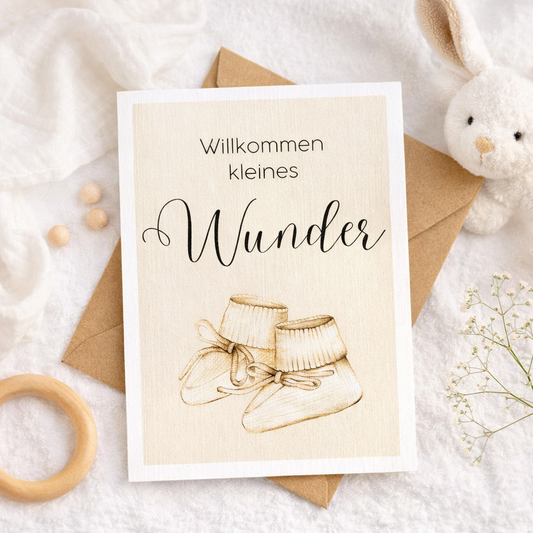 Karte zur Geburt aus Leinenkarton - Schuhe - inklusive Briefumschlag aus Kraftpapier