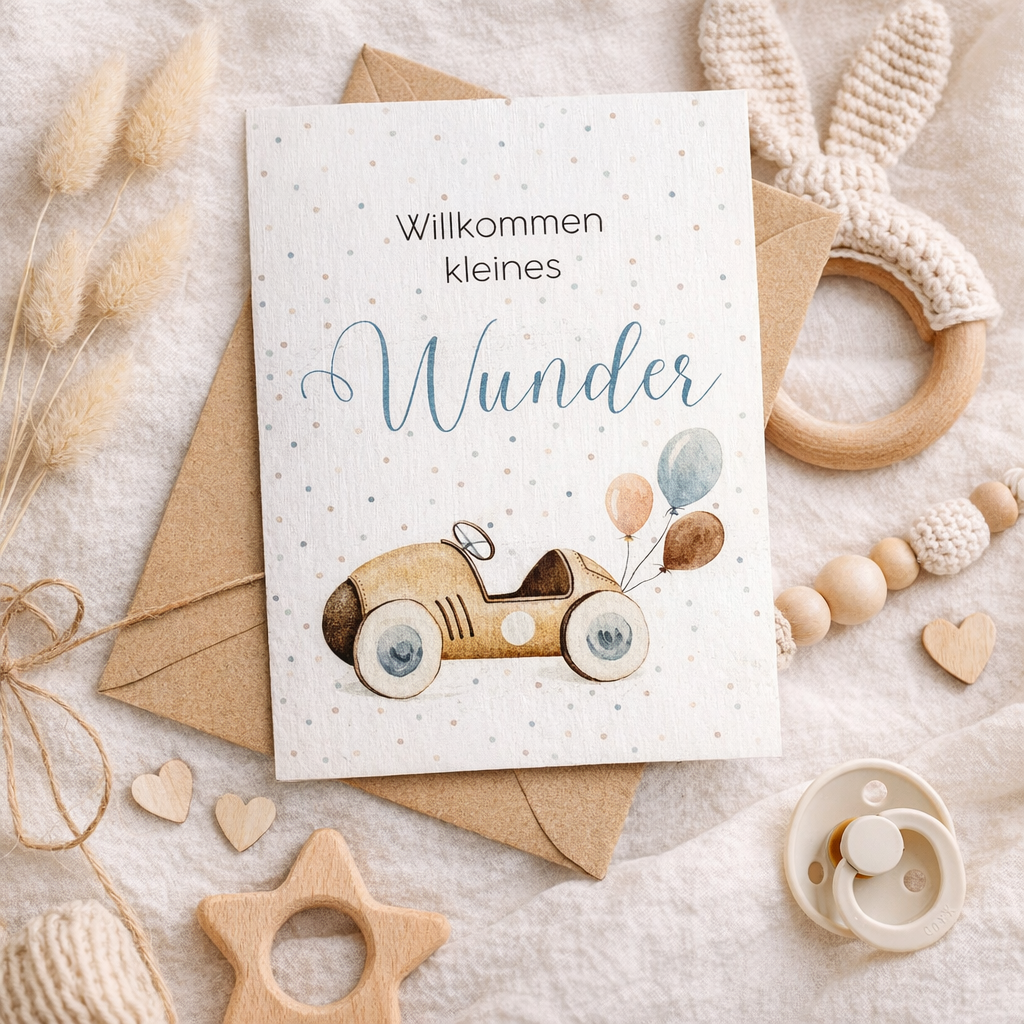 Karte zur Geburt aus Leinenkarton - Auto - inklusive Briefumschlag aus Kraftpapier