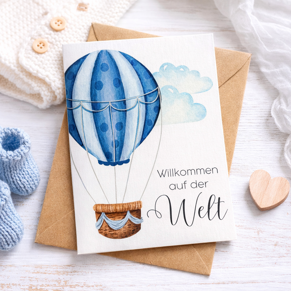 Karte zur Geburt aus Leinenkarton - Heißluftballon - inklusive Briefumschlag aus Kraftpapier
