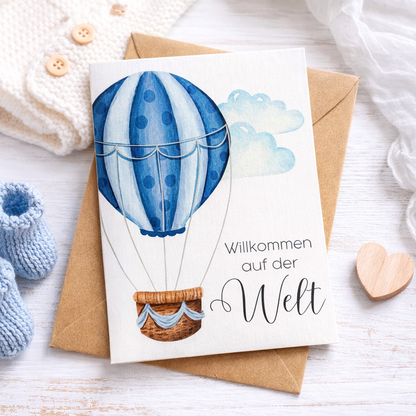 Karte zur Geburt aus Leinenkarton - Heißluftballon - inklusive Briefumschlag aus Kraftpapier