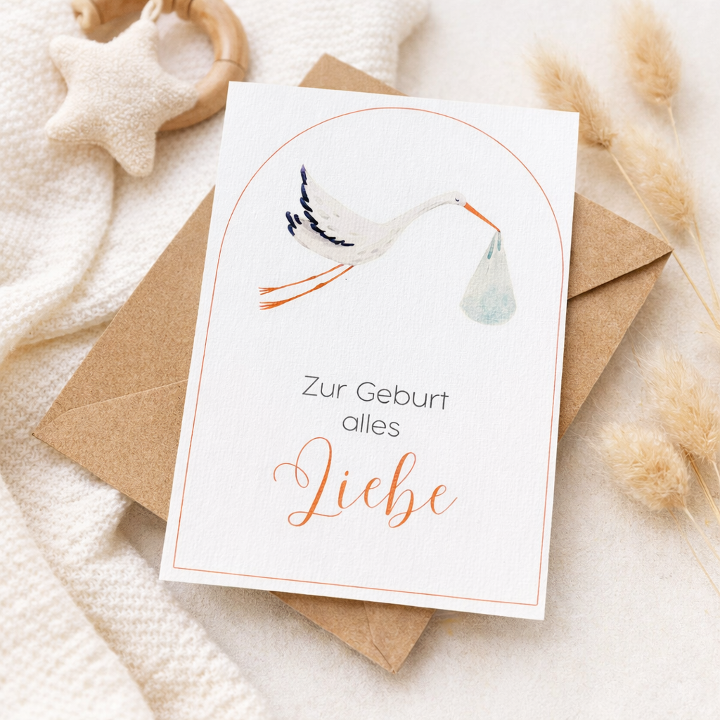 Karte zur Geburt aus Leinenkarton - Storch - inklusive Briefumschlag aus Kraftpapier