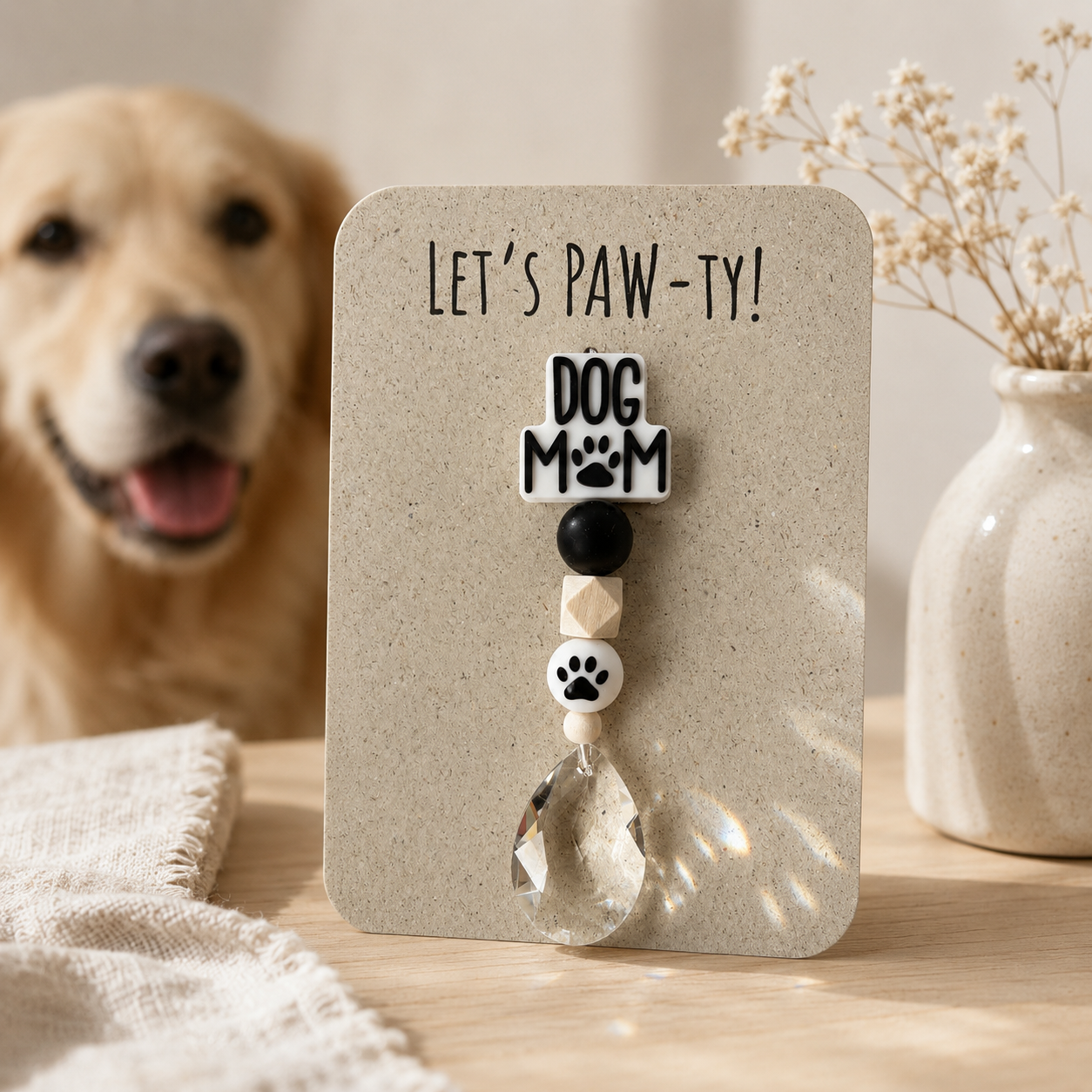 Sonnenfänger mit 38 mm Kristall-Tropfen und Dog Mom Perle als Geschenk für Hundemamas