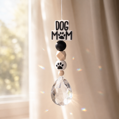 Sonnenfänger mit 38 mm Kristall-Tropfen und Dog Mom Perle als Geschenk für Hundemamas