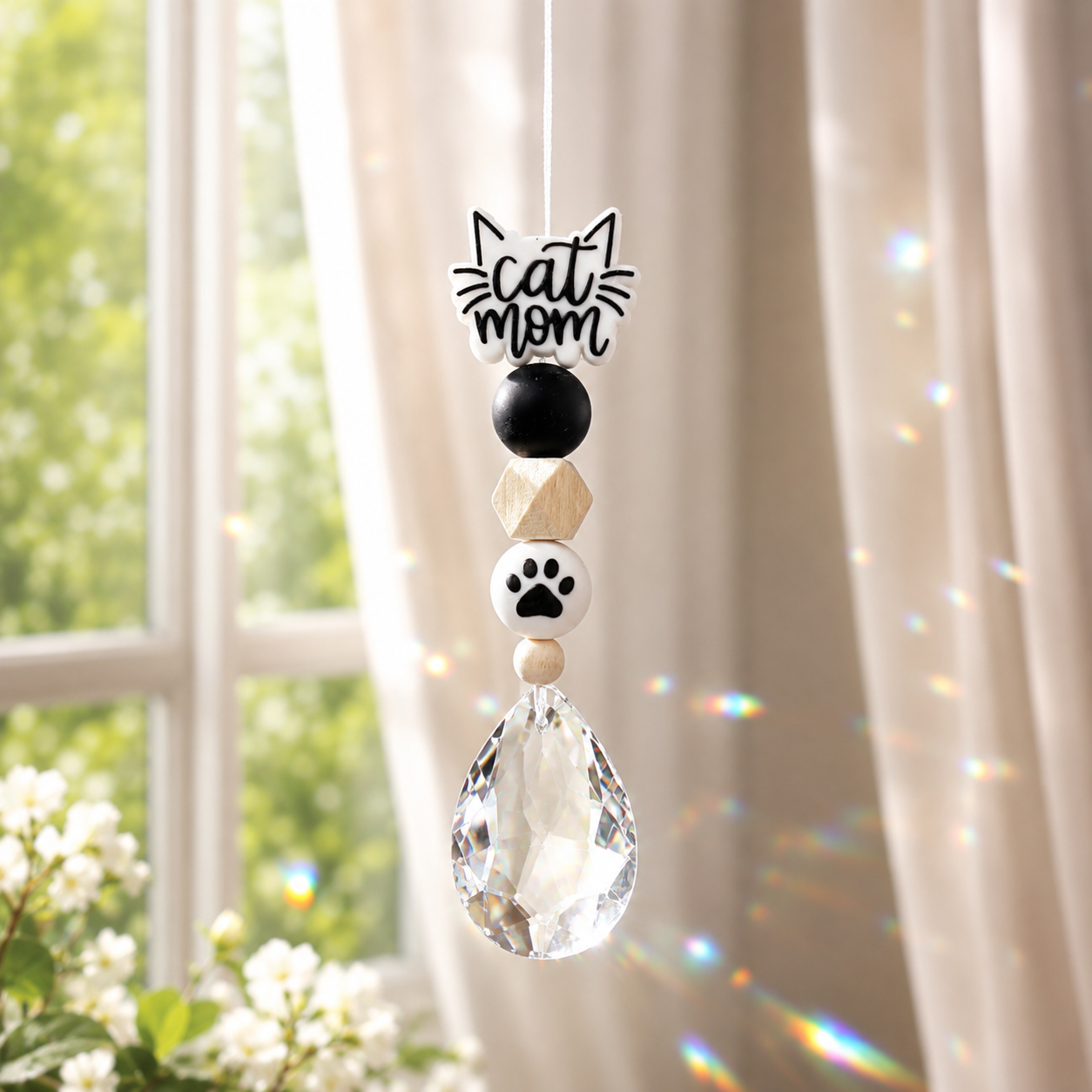 Sonnenfänger mit 38 mm Kristall-Tropfen und Cat Mom Perle als Geschenk für Katzenmamas