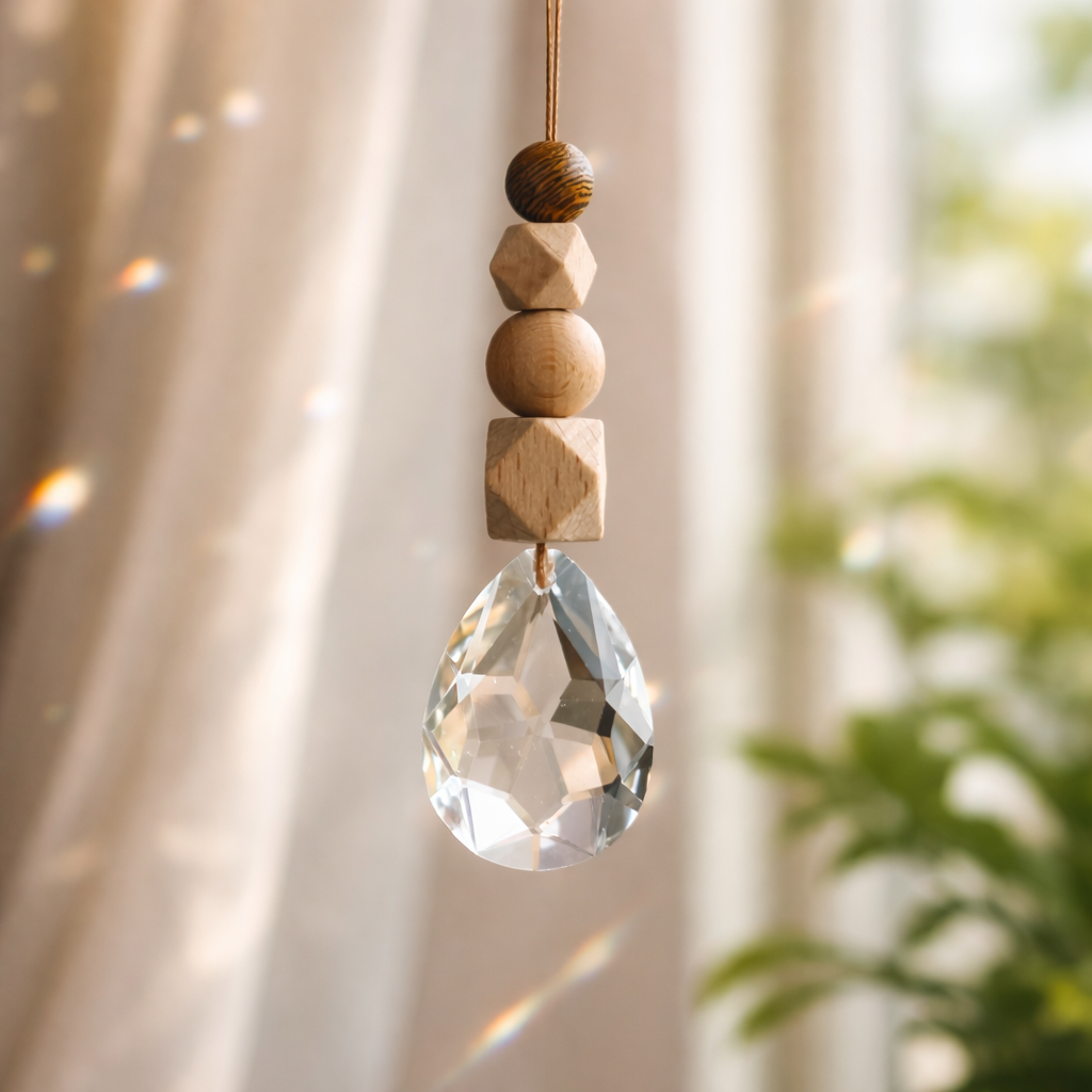 Sonnenfänger mit 38 mm Kristall-Tropfen und verschiedenen Holzperlen