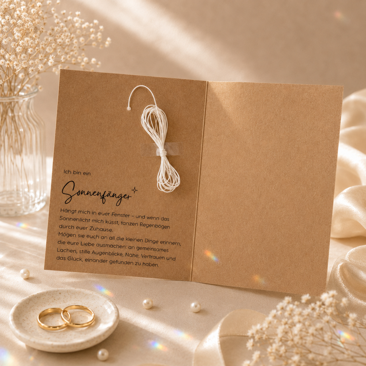 Karte zur Hochzeit mit handgemachtem Sonnenfänger - Geschenk zur Hochzeit, kleine Aufmerksamkeit - Geldgeschenk, Erinnerungsstück