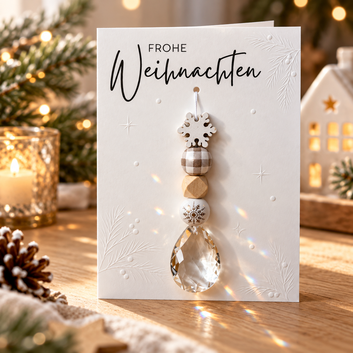 Karte „Frohe Weihnachten“ mit Sonnenfänger | Schneeflocke