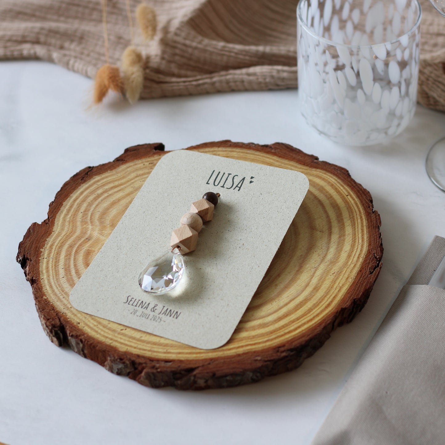 2in1 Gastgeschenk & Namensschild - 10x DIY Bastelset Sonnenfänger Kristall 38mm - Natürliche Holzperlen