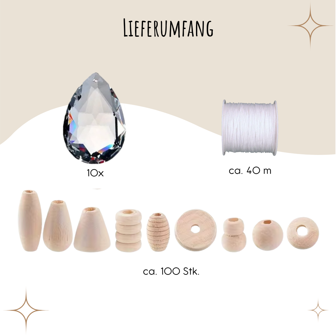Sonnenfänger DIY Set – 10x Bastelset mit Kristallen, Perlen & Faden - Holzperlen Hell