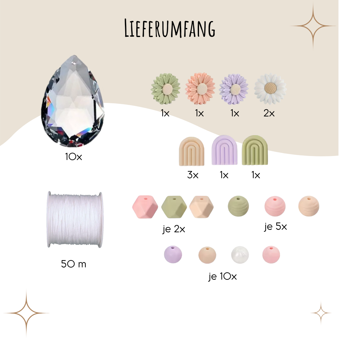Sonnenfänger DIY Set – 10x Bastelset mit Kristallen, Perlen & Faden - Gänseblümchen Grün Lila