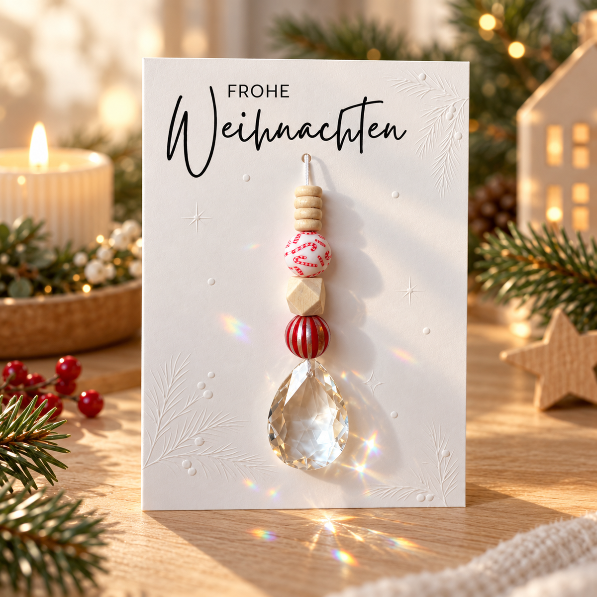 Karte „Frohe Weihnachten“ mit Sonnenfänger | Rot